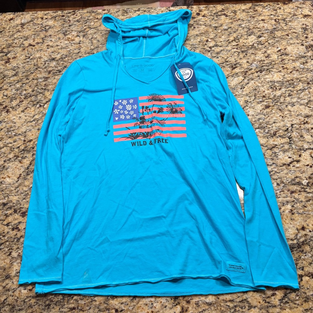 NEW Life is Good Womens Wild & Free Floral Flag Hooded Long Sleeve Tee Blue M ws